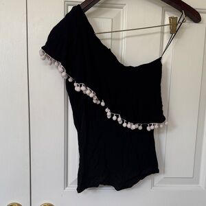 Black One-Shoulder Pom-Pom Trim Blouse
